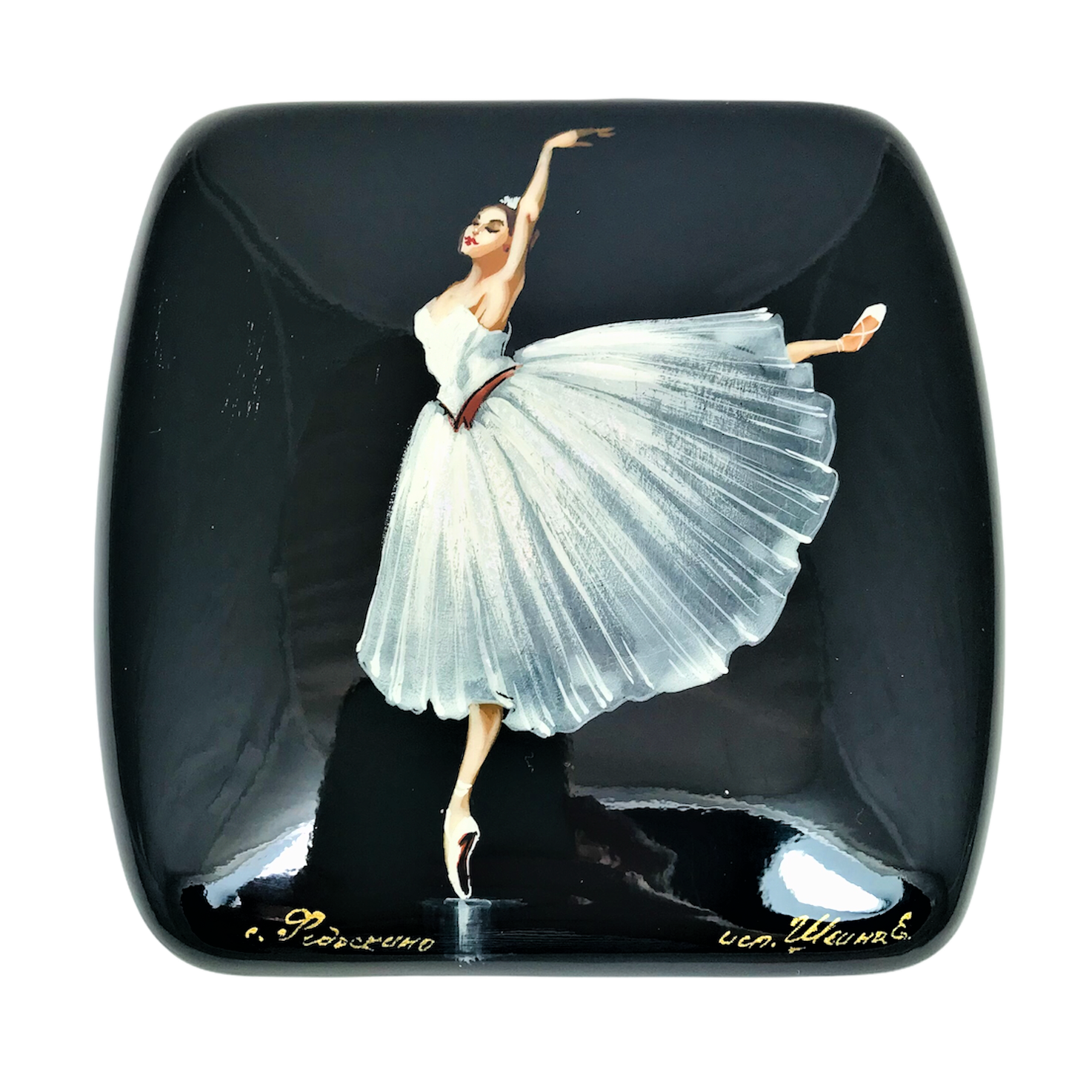Лаковая миниатюра Федоскино, шкатулка "Балерина" 110х110х30 мм