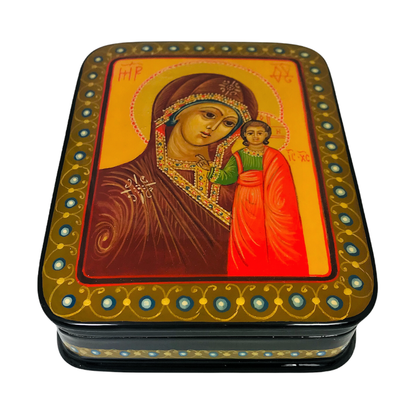 Лаковая миниатюра Мстера, шкатулка "Казанская икона Божией Матери" 130х100х30 мм