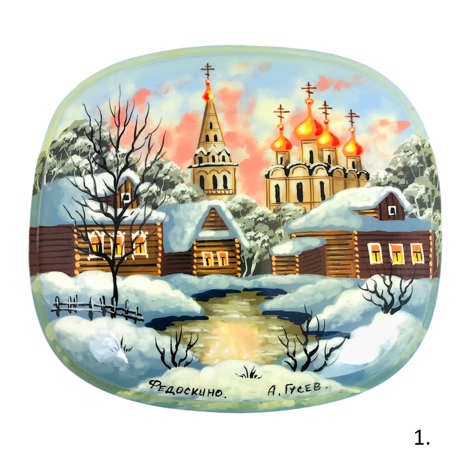 Лаковая миниатюра Федоскино, шкатулка "Зима" автор Гусев 85х85х30 мм