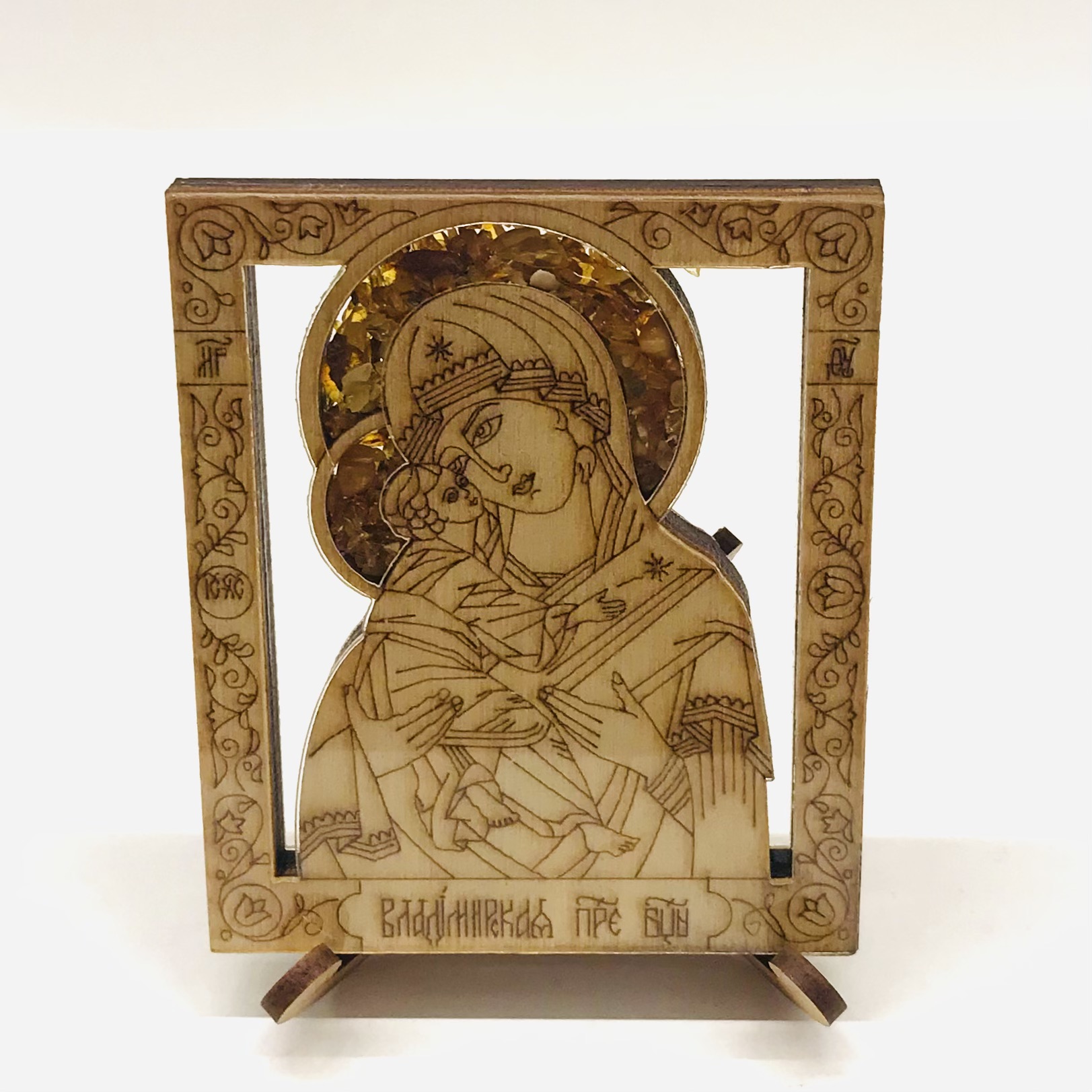Магнит с янтарем "Икона Владимирской Божьей Матери" с подставкой